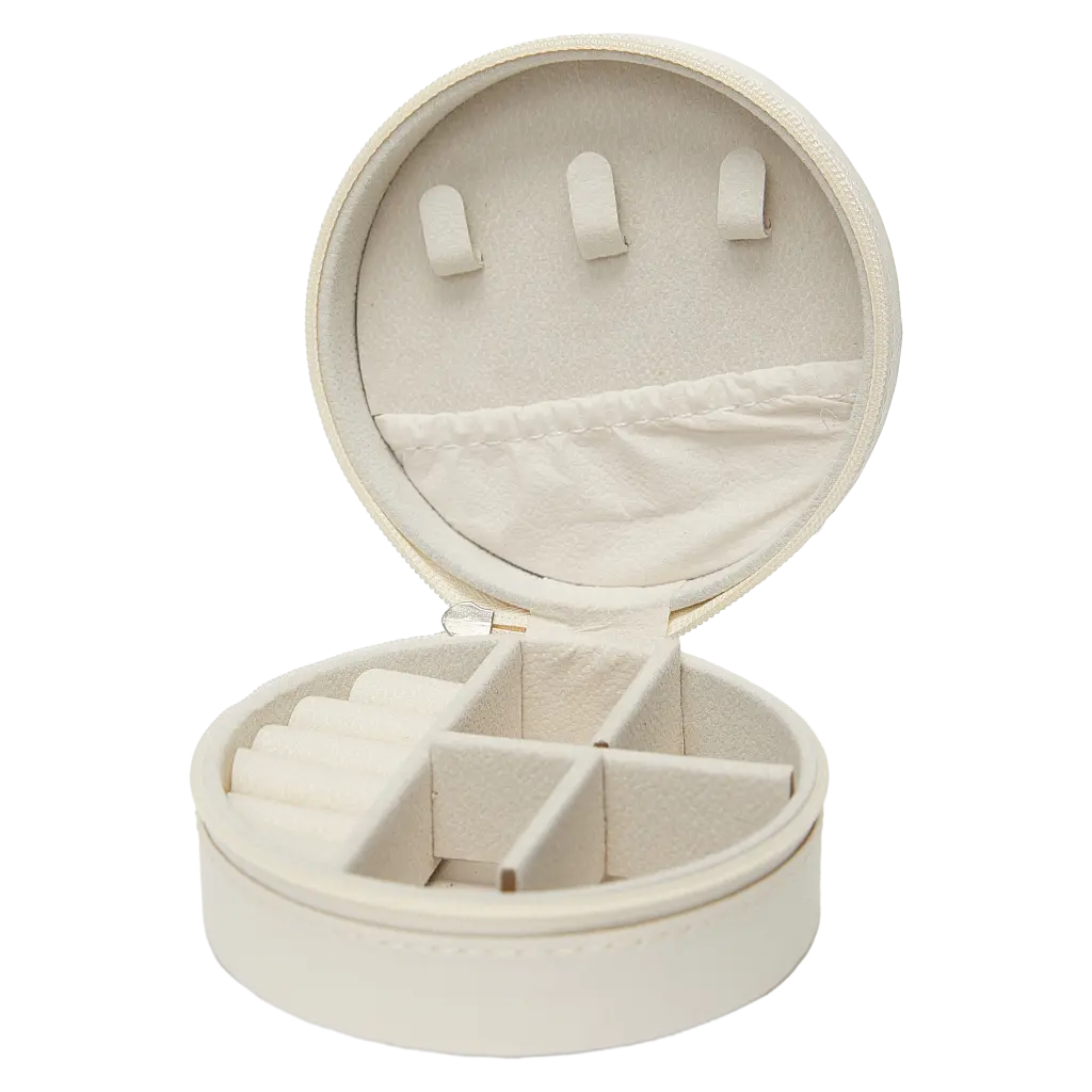 6976482092717.webp Runde Schmuckbox aus PU & Flanell, kompakt (Weiß)