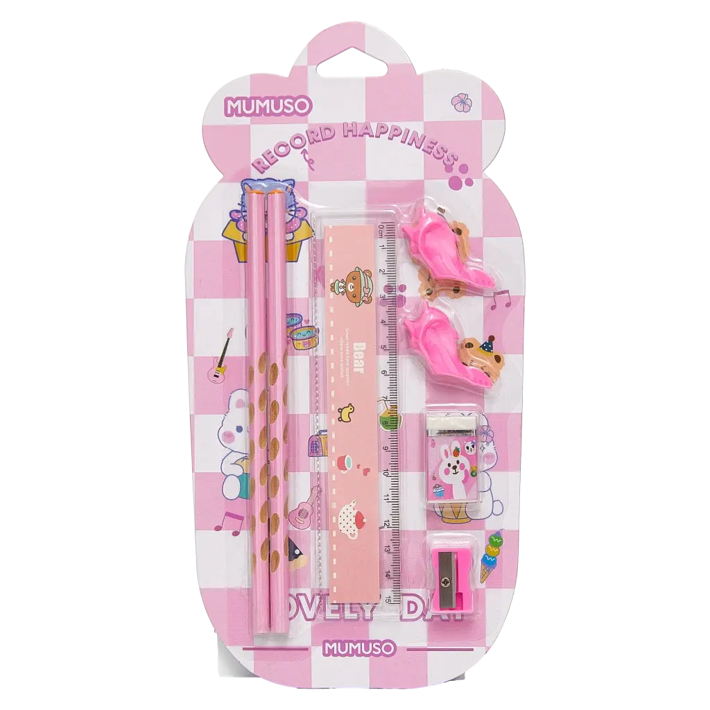 6977084552852_1.webp 7-teiliges Bleistift- und Linealset mit Cartoon-Design (Mehrfarbig)