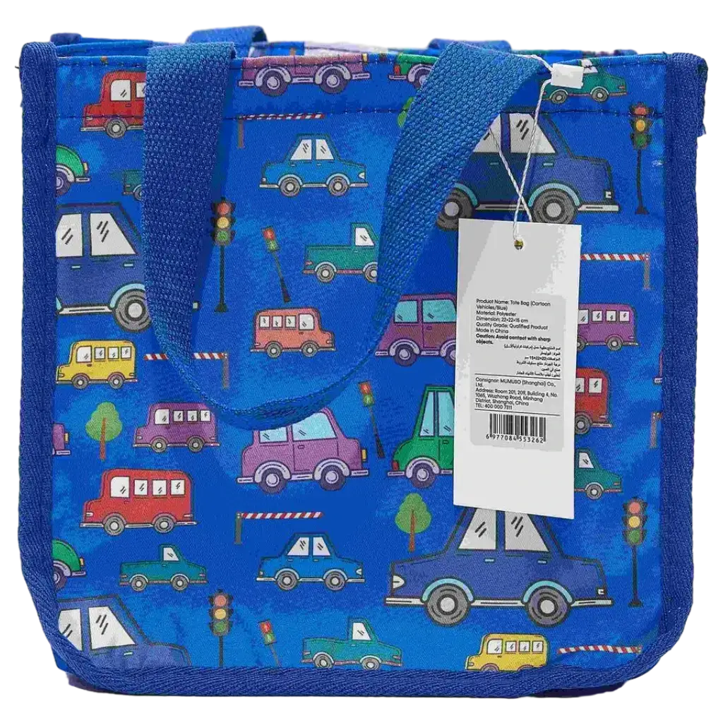 6977084553262_2.webp Tragetasche aus Polyester mit Cartoon-Fahrzeuge-Design (Blau)