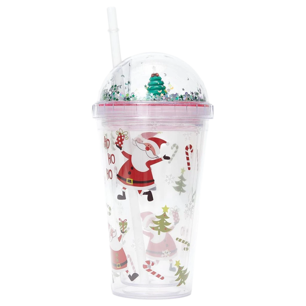 6977321144550_1.webp Kunststoff-Trinkbecher mit Kuppeldeckel und Strohhalm, 450 ml, mit Weihnachtsmann- und Tannenbaum-Design (Transparent)