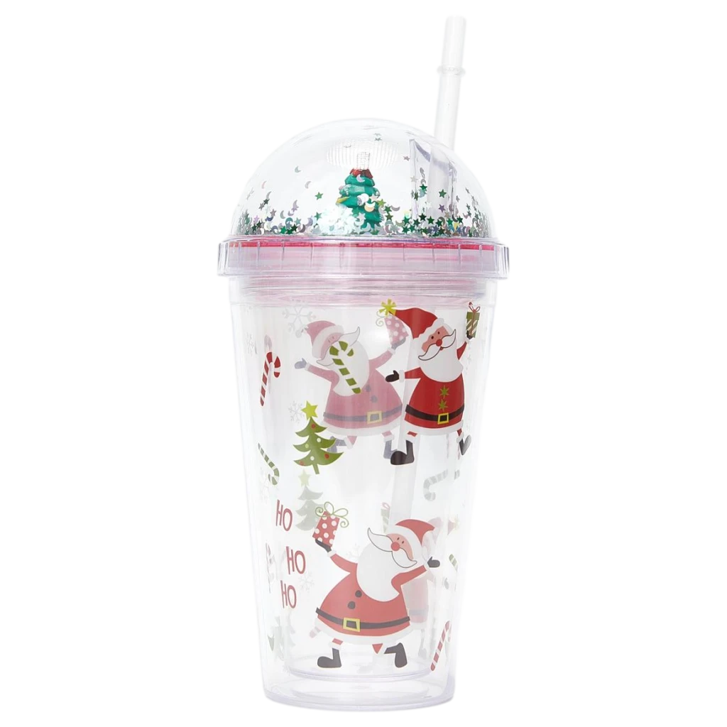 6977321144550_2.webp Kunststoff-Trinkbecher mit Kuppeldeckel und Strohhalm, 450 ml, mit Weihnachtsmann- und Tannenbaum-Design (Transparent)