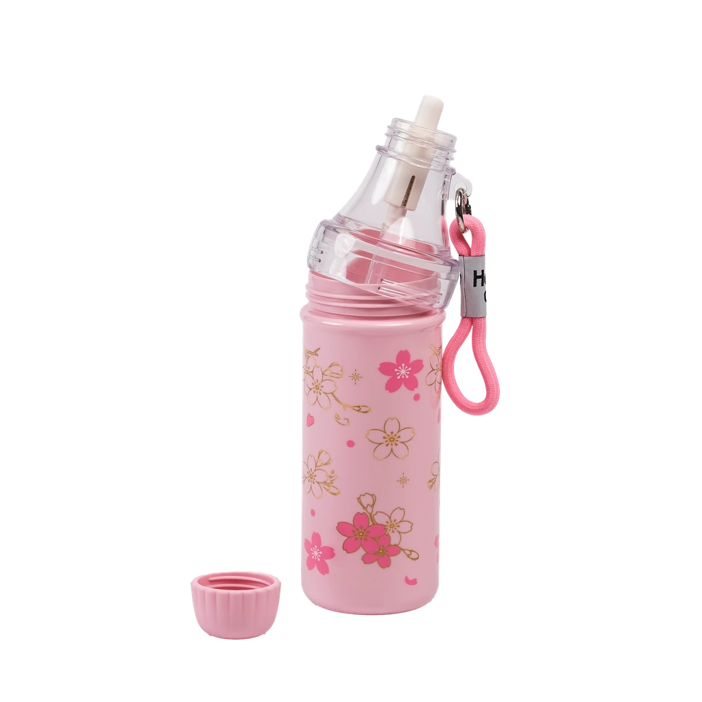 6977523132034_1.webp Kunststoff-Wasserflasche mit Kirschblüten-Design, 650 ml (Rosa)