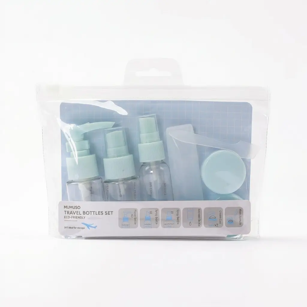 6970760999125_99 6-teiliges Reise-Flaschenset aus Kunststoff mit Zip-Tasche (Hellblau)