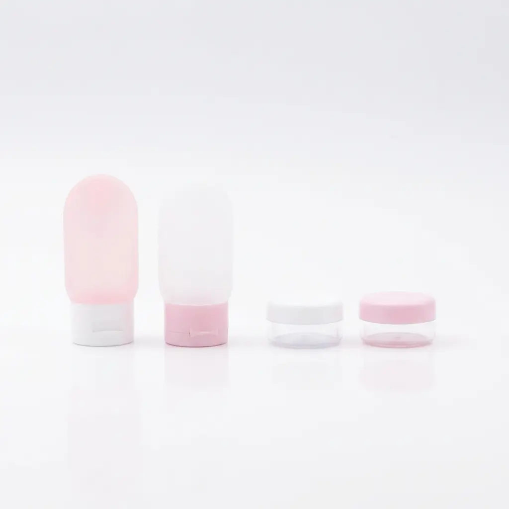 6975096194916_99 4-teiliges Reise-Flaschenset für Kosmetik, verschiedene Behälter (Rosa/Weiß)