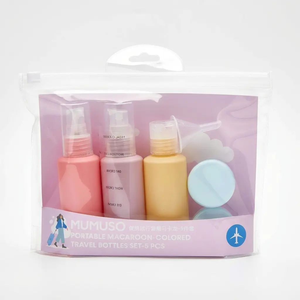 6976482090812_99 5-teiliges Reiseflaschen-Set mit Reißverschlussetui, nachfüllbar (Rosa/Gelb/Blau/Lila)
